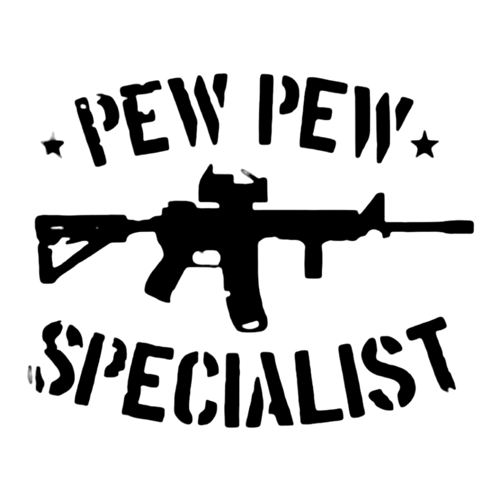 Black PEW PEW SPECIALIST Premium permanent vinyl decal 5.5Wx4.3H